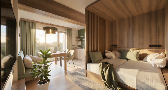 Helles Zimmer mit Holzelementen, L-f&ouml;rmigem Sofa, Tisch und gro&szlig;er Fensterfront